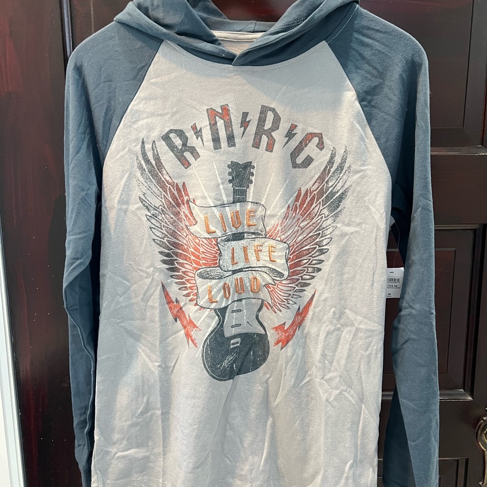 Disney Rock n Rollercoaster Blue and Gray Long Sleeve Tee Hoodie NWT